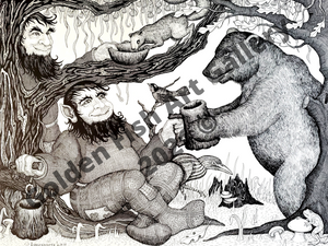 Gnomes & Bear Art Print by John Longendorfer