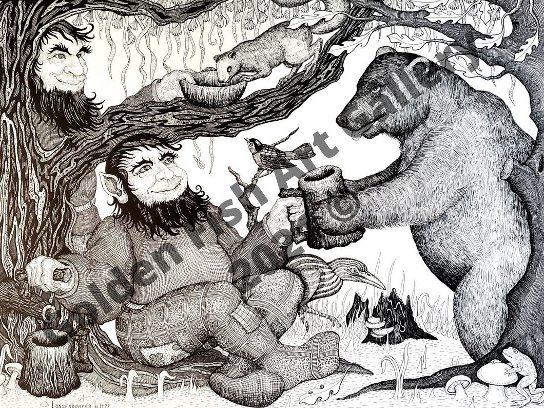 Gnomes & Bear Art Print by John Longendorfer