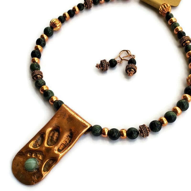 Copper Pendant with Inlay Stone on Kambaba Jasper Necklace, matching earrings