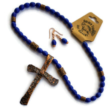 Hammered Copper Cross on Howlite Lapis Necklace, matching earrings