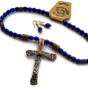 Hammered Copper Cross on Howlite Lapis Necklace, matching earrings