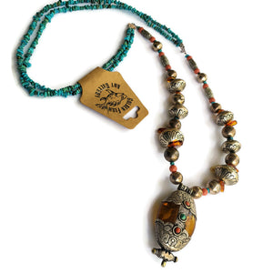 Antique Tibetan Amber & Silver Pendant Necklace
