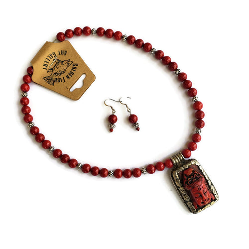 Antique Tibetan Red Bamboo Coral & Silver Pendant Necklace