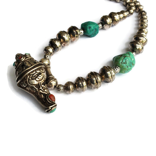 Antique Tibetan Silver Pendant Necklace with Turquoise